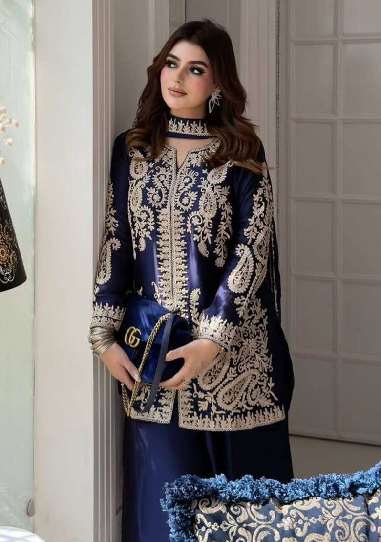Blue Embroidery Silk Palazzo Set - Indya