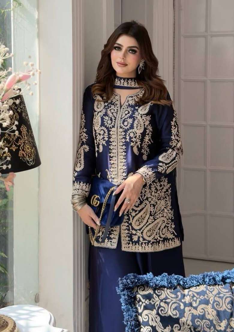 Blue Embroidery Silk Palazzo Set - Indya