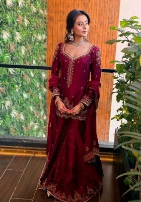 Maroon Embroidery Vichitra Palazzo Set