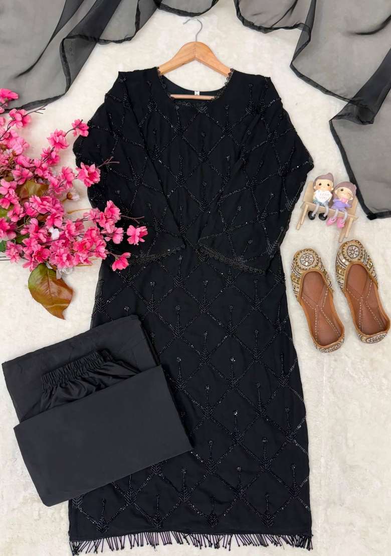 Black Embroidery Georgette Palazzo Set - Indya