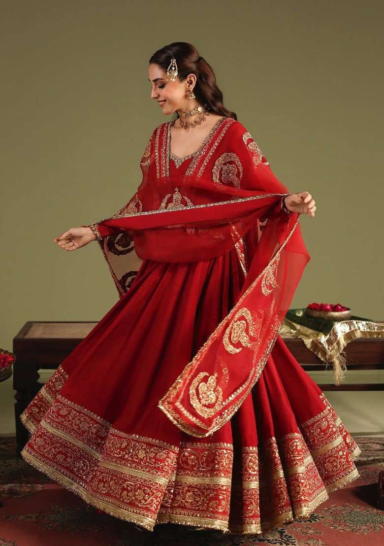 Red Embroidery Chinon Palazzo Set - Indya