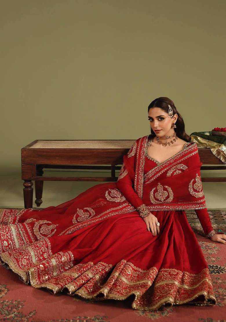 Red Embroidery Chinon Palazzo Set - Indya