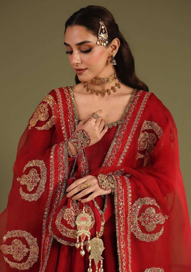 Red Embroidery Chinon Palazzo Set - Indya