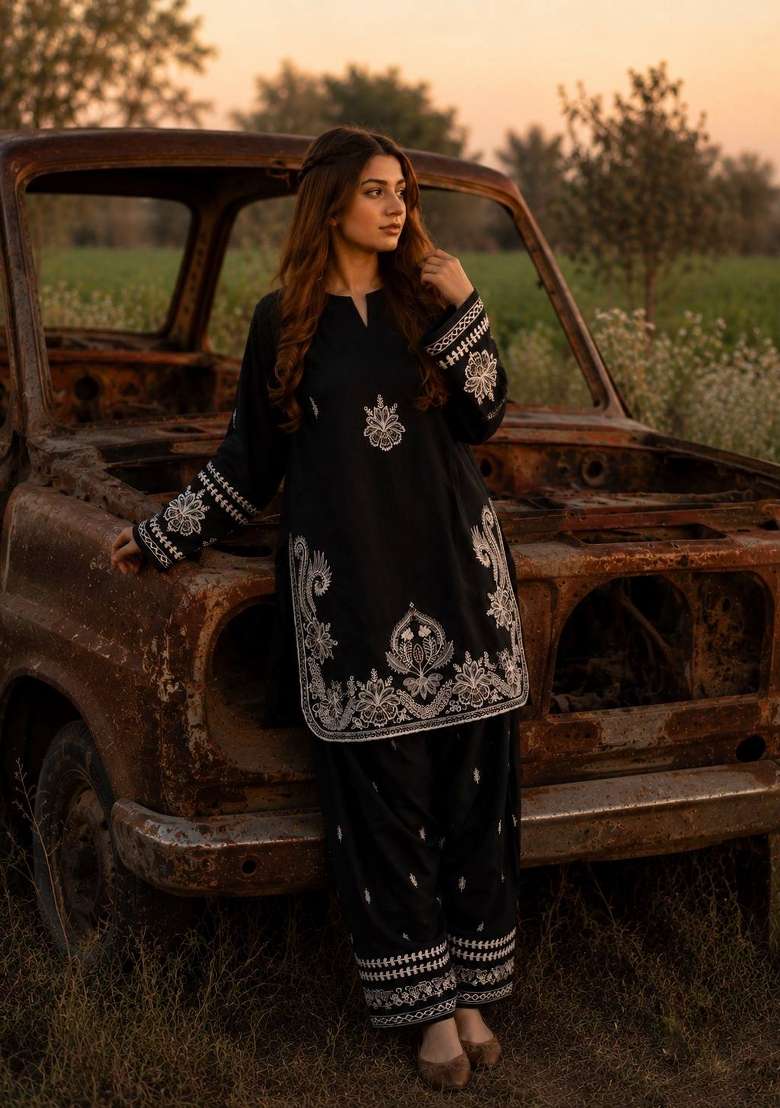 Black Embroidery Roman Palazzo Set - Indya