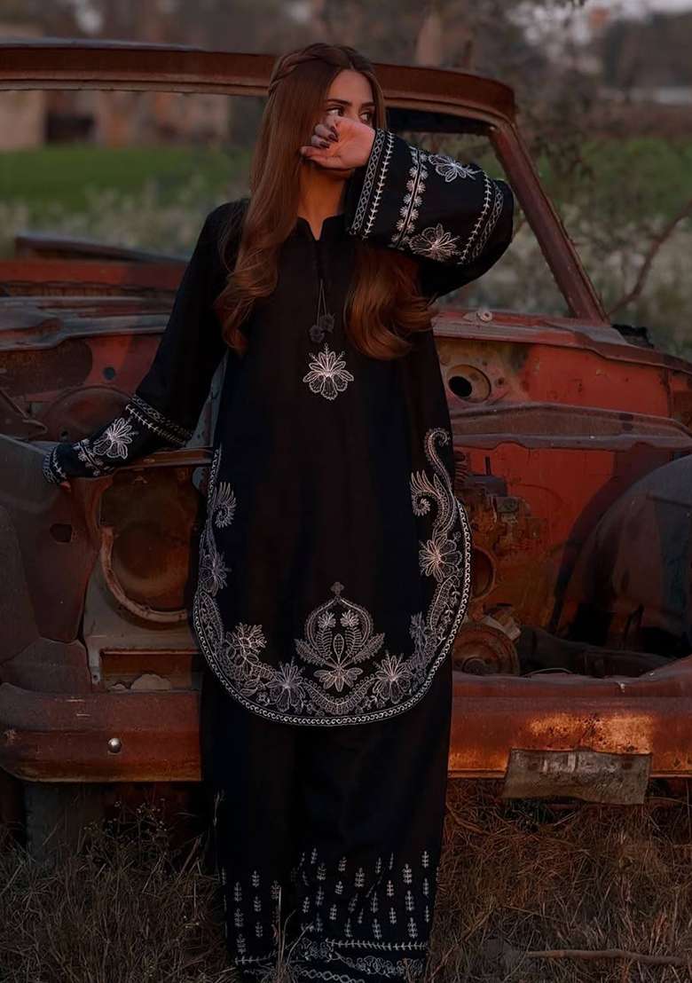 Black Embroidery Roman Palazzo Set - Indya