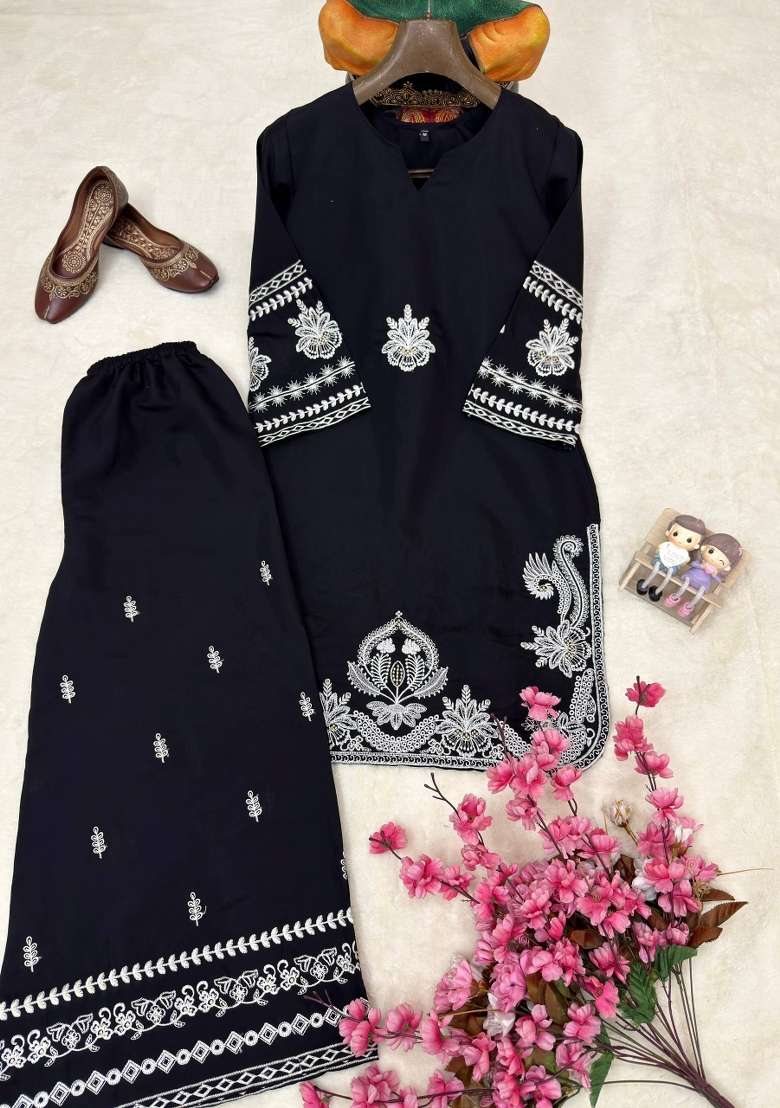 Black Embroidery Roman Palazzo Set - Indya