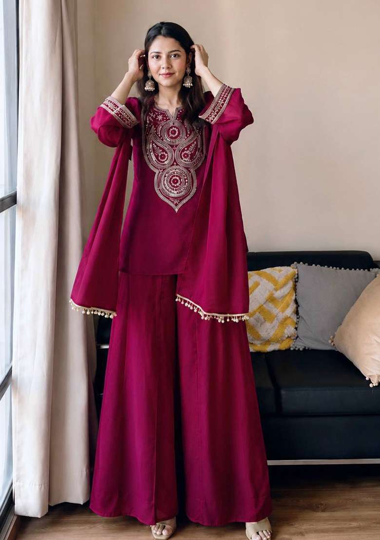 Red Embroidery Vichitra Palazzo Set - Indya