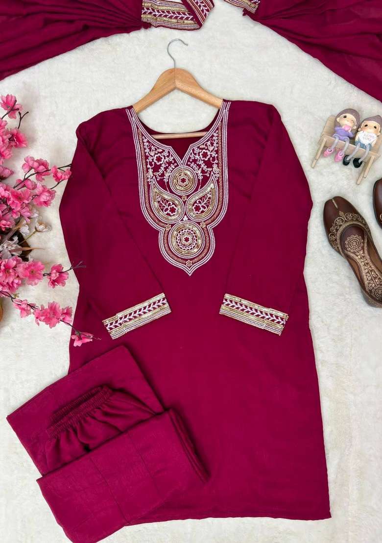 Red Embroidery Vichitra Palazzo Set - Indya
