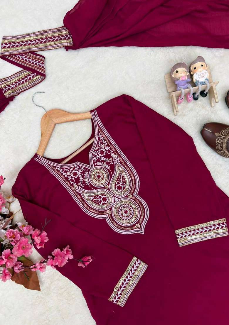 Red Embroidery Vichitra Palazzo Set - Indya