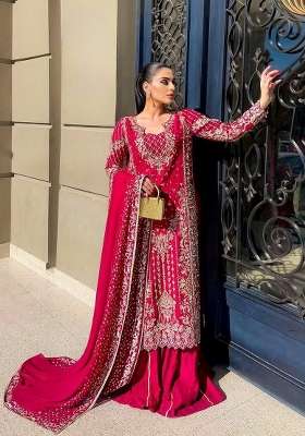 Maroon Embroidery Chinon Palazzo Set