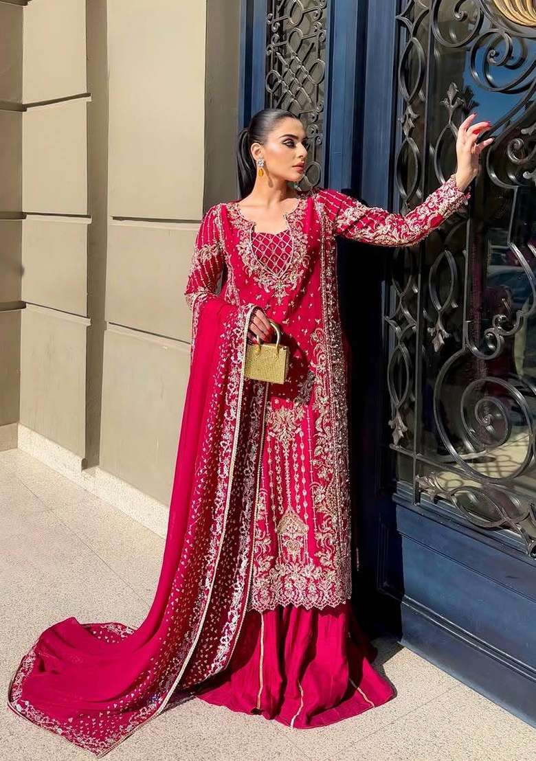 Maroon Embroidery Chinon Palazzo Set - Indya