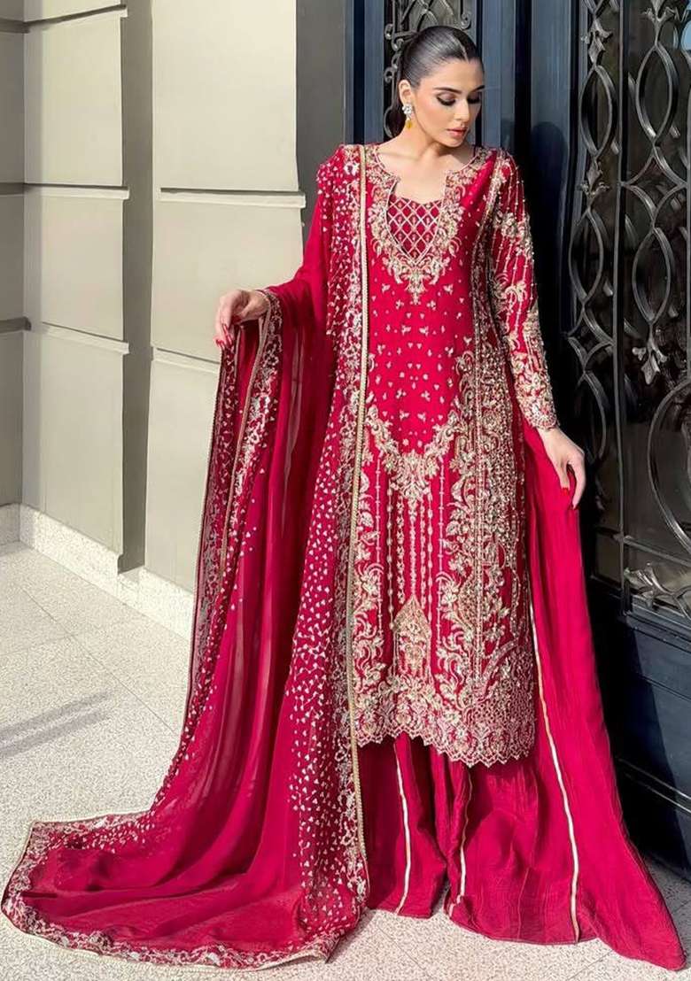 Maroon Embroidery Chinon Palazzo Set - Indya