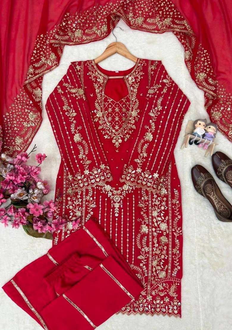 Maroon Embroidery Chinon Palazzo Set - Indya
