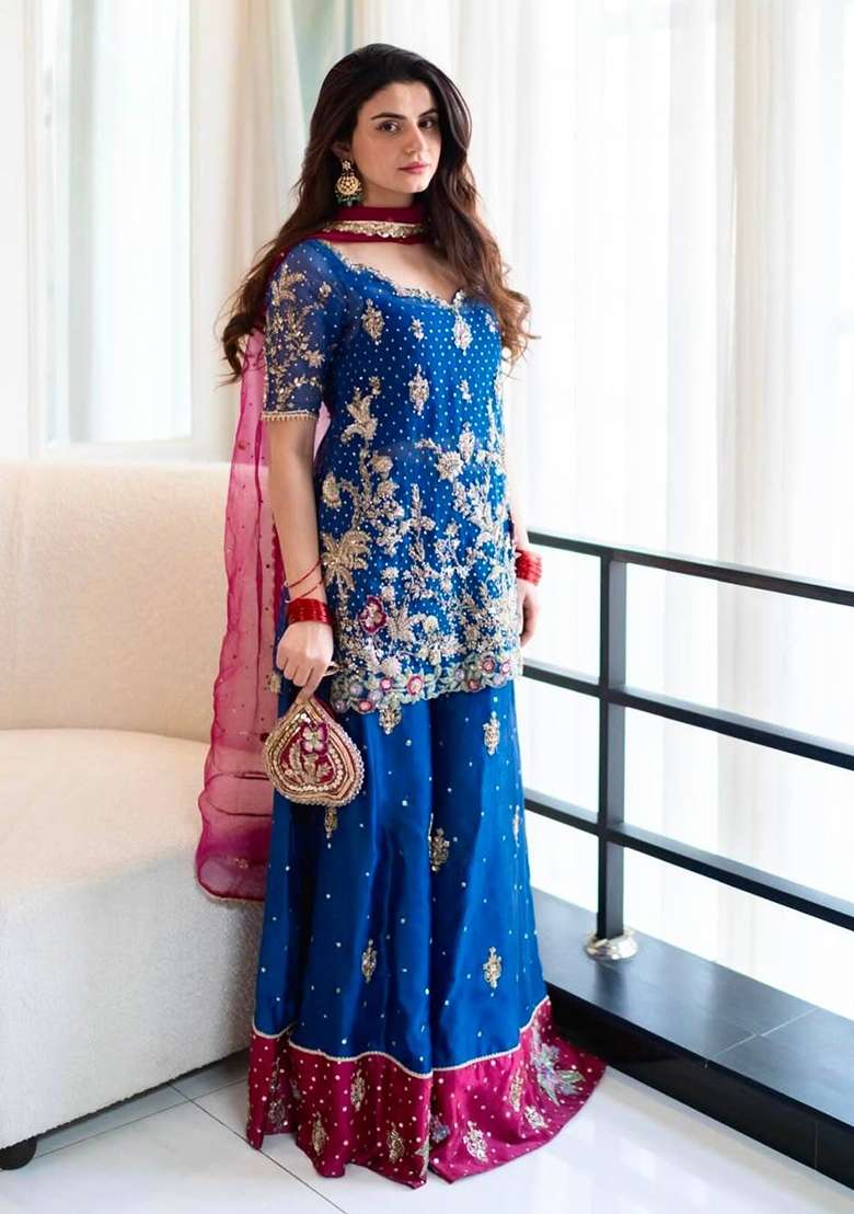 Blue Embroidery Georgette Palazzo Set - Indya