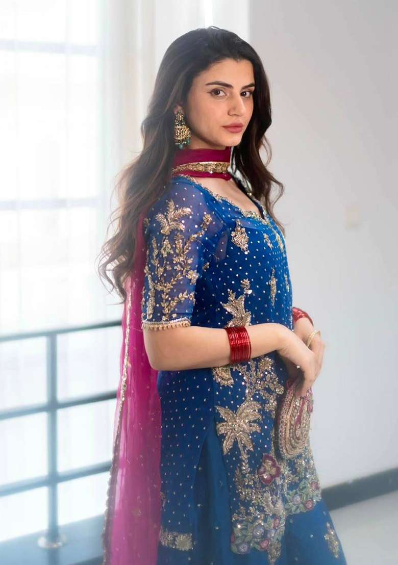 Blue Embroidery Georgette Palazzo Set - Indya