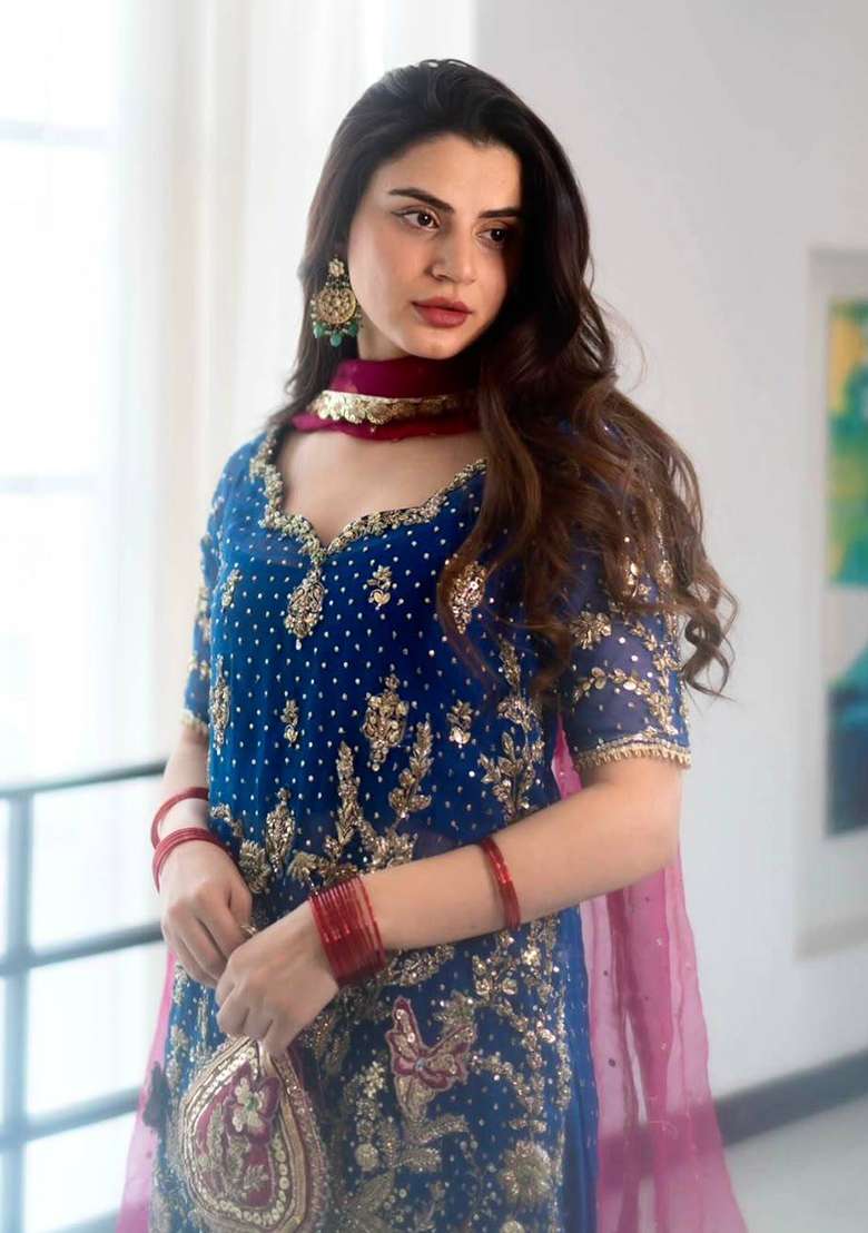 Blue Embroidery Georgette Palazzo Set - Indya