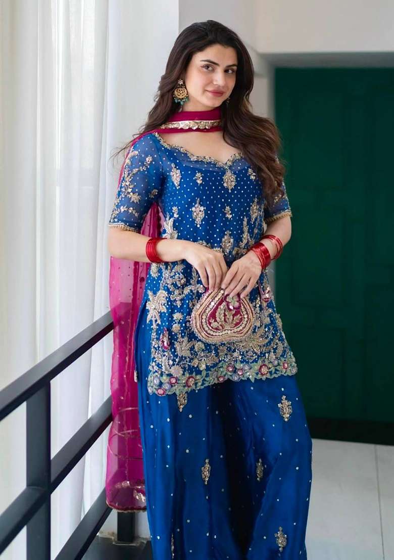 Blue Embroidery Georgette Palazzo Set - Indya