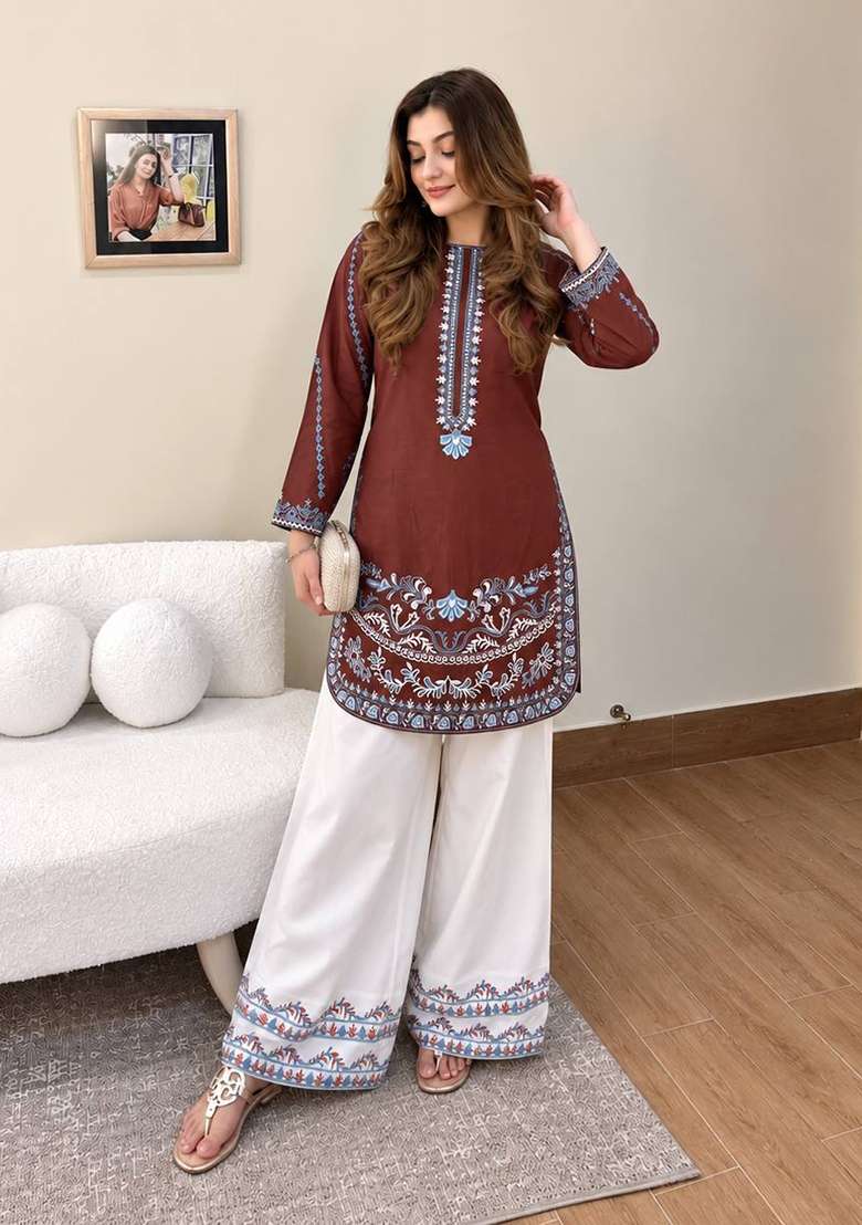 Brown Embroidery Crepe Palazzo Set - Indya