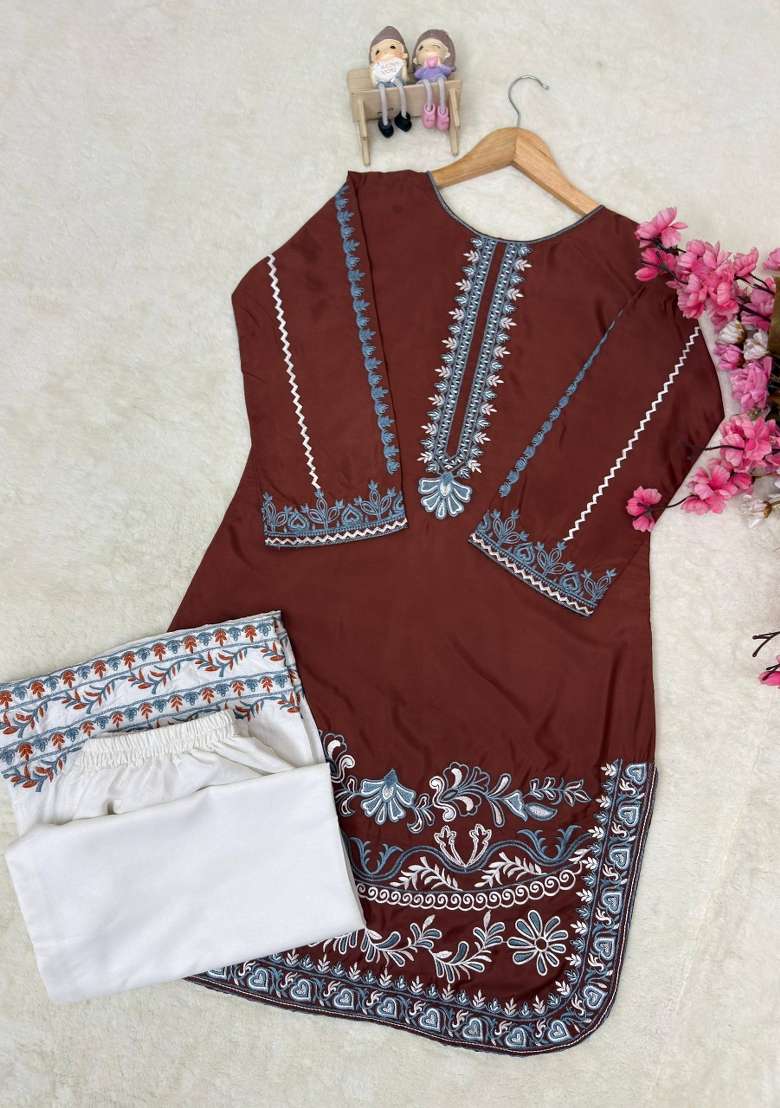 Brown Embroidery Crepe Palazzo Set - Indya