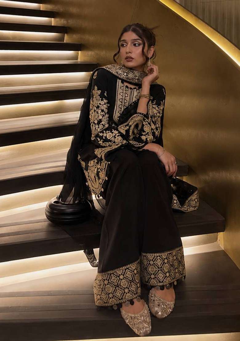 Black Embroidery Crepe Palazzo Set - Indya