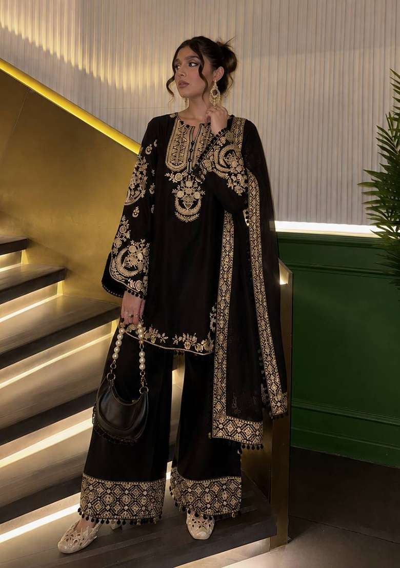Black Embroidery Crepe Palazzo Set - Indya