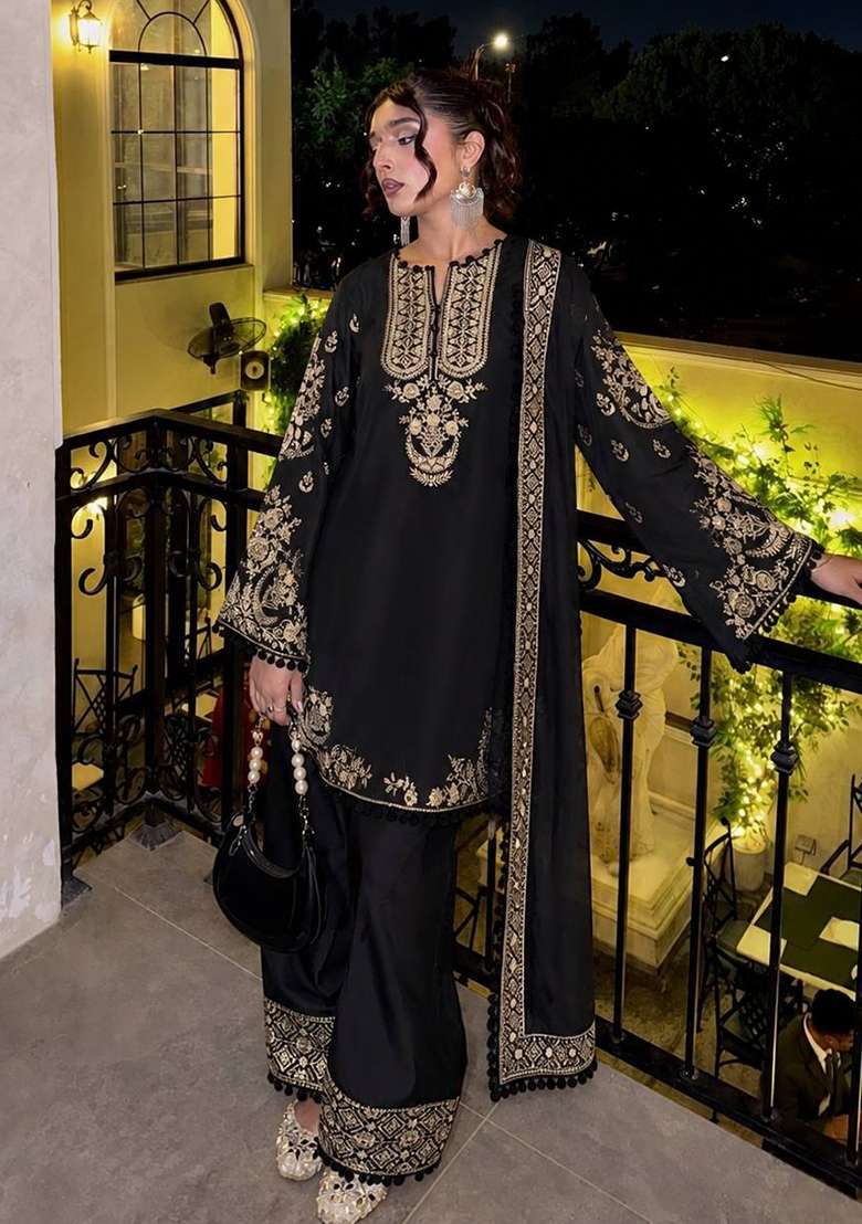 Black Embroidery Crepe Palazzo Set - Indya