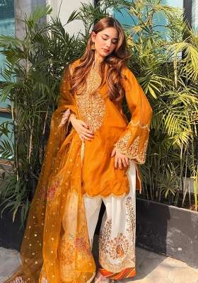 Yellow Embroidery Organza Palazzo Set