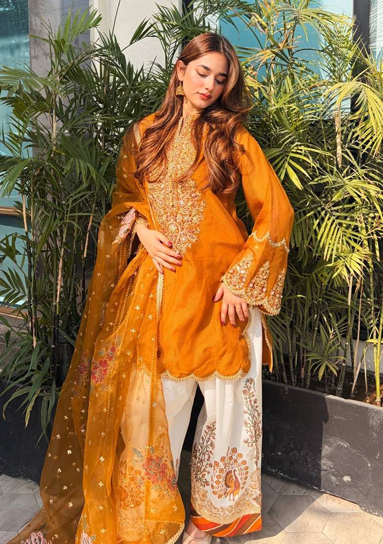 Yellow Embroidery Organza Palazzo Set - Indya