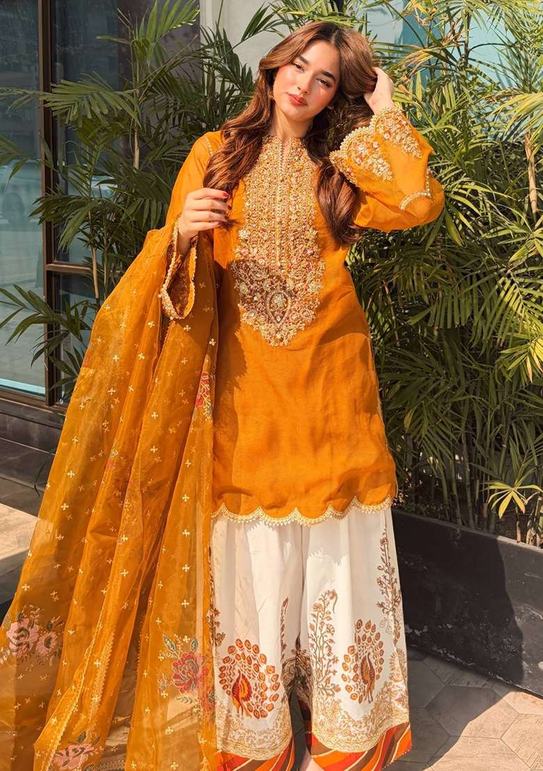 Yellow Embroidery Organza Palazzo Set - Indya