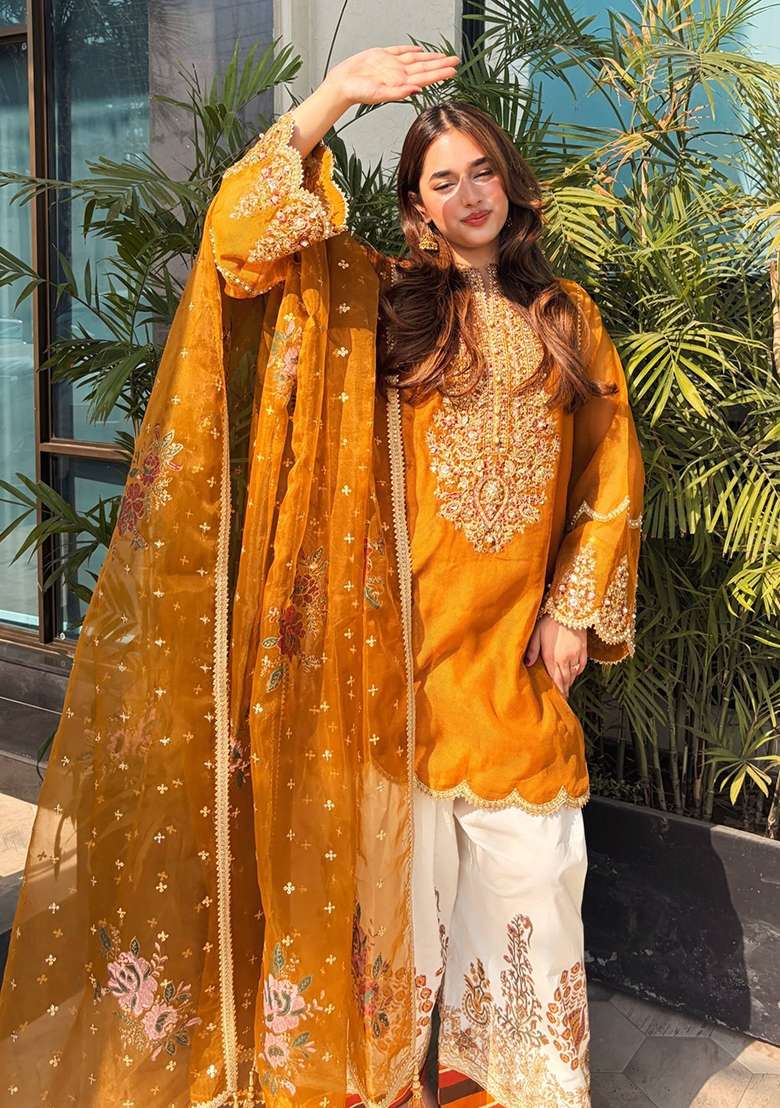 Yellow Embroidery Organza Palazzo Set - Indya