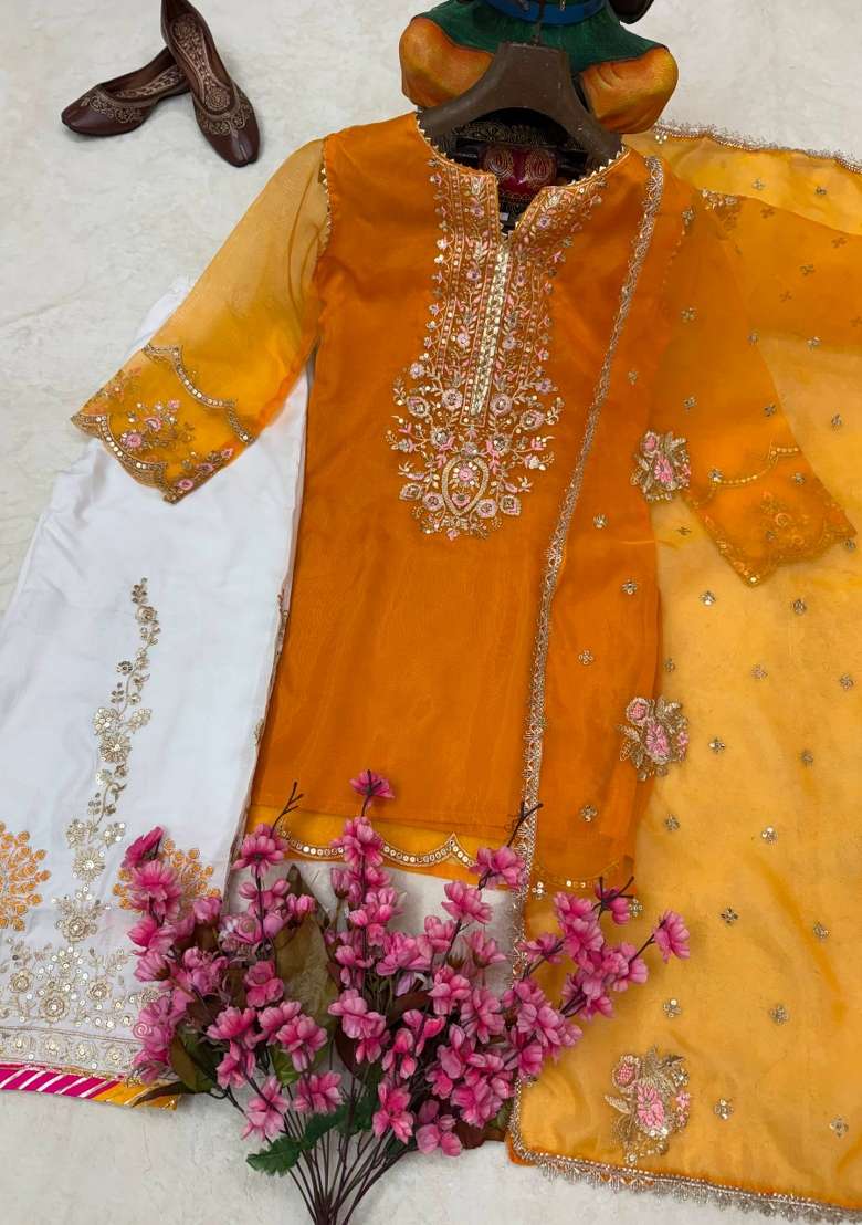 Yellow Embroidery Organza Palazzo Set - Indya
