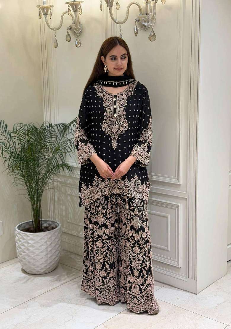 Black Embroidery Georgette Palazzo Set - Indya