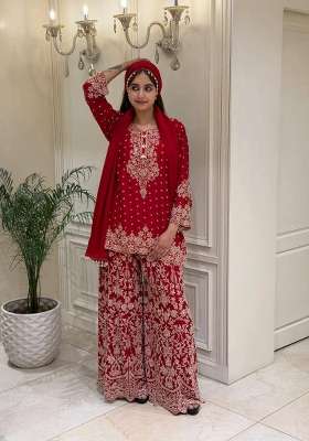 Red Embroidery Georgette Palazzo Set