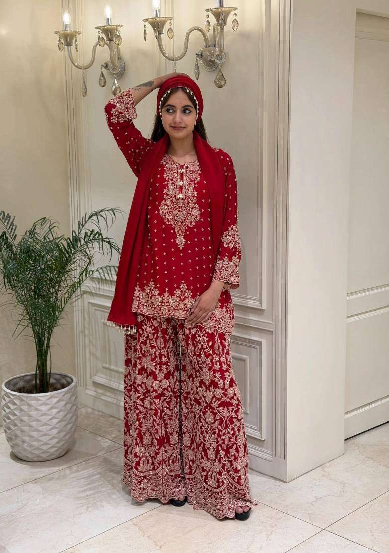 Red Embroidery Georgette Palazzo Set - Indya