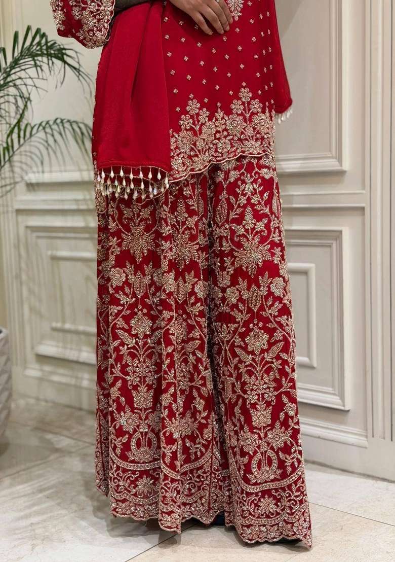 Red Embroidery Georgette Palazzo Set - Indya