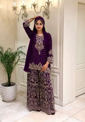 Wine Embroidery Georgette Palazzo Set