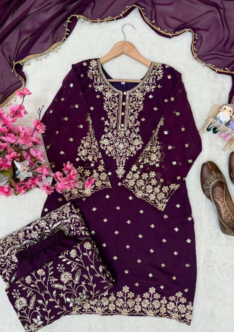 Wine Embroidery Georgette Palazzo Set - Indya