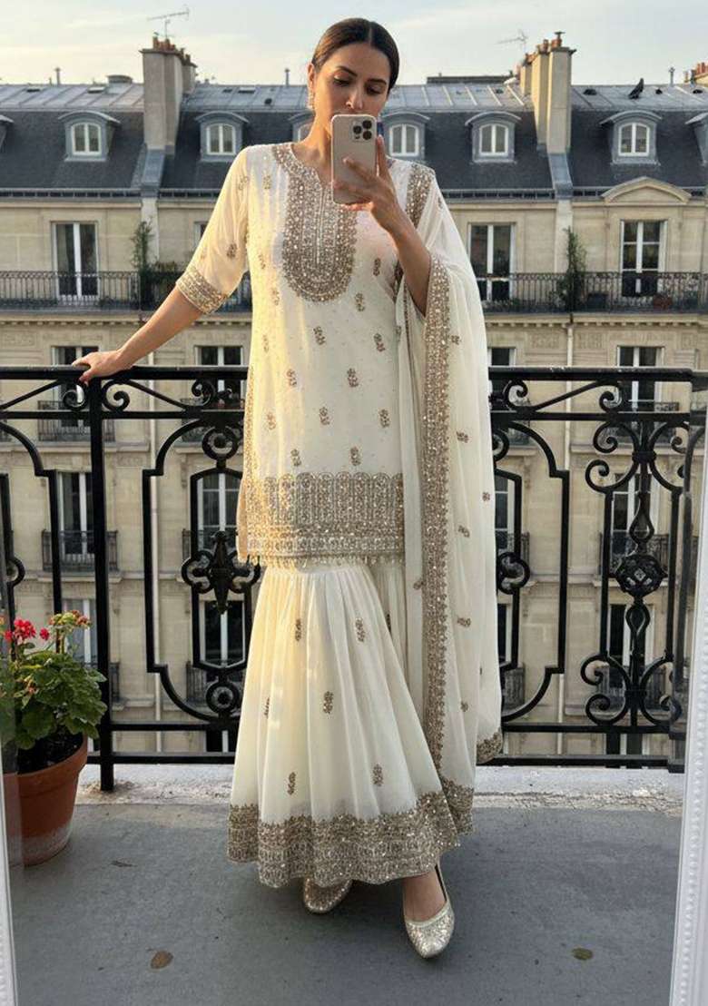 White Embroidery Georgette Palazzo Set - Indya