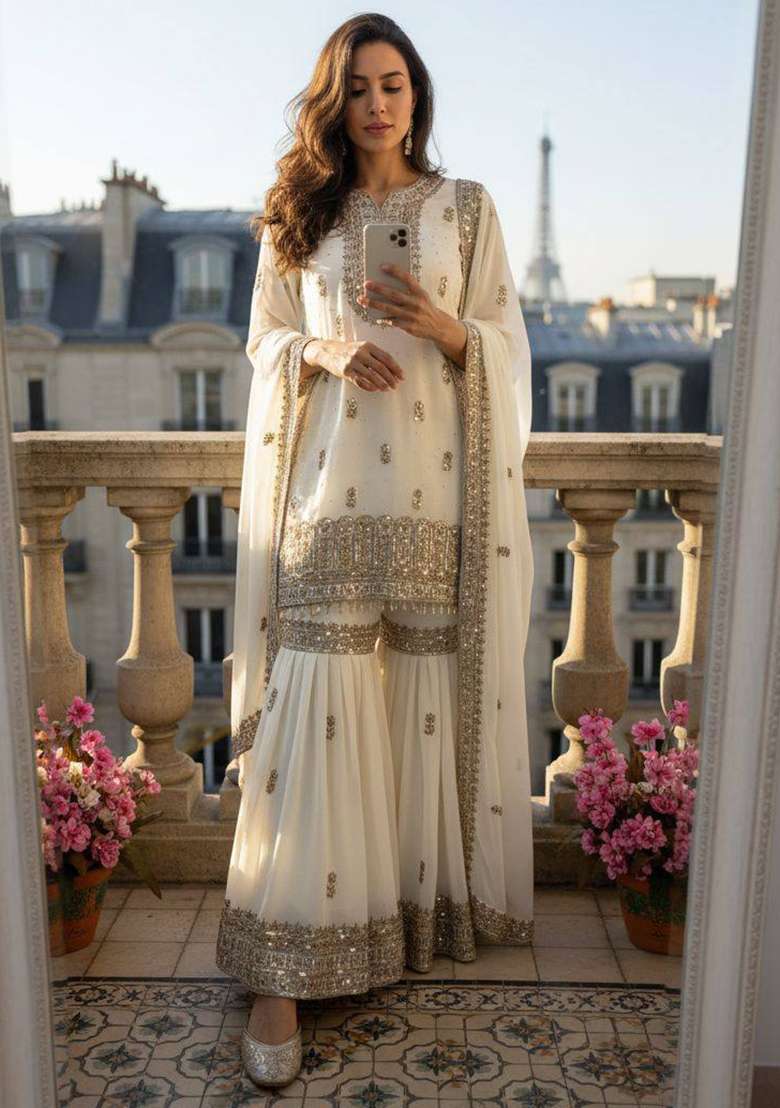White Embroidery Georgette Palazzo Set - Indya