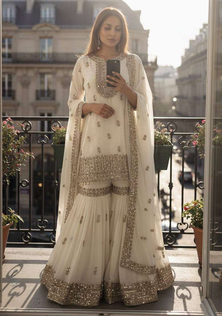White Embroidery Georgette Palazzo Set - Indya