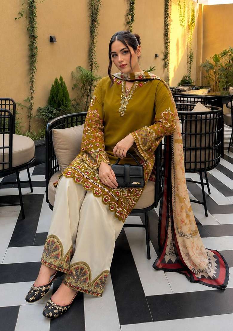 Mustard Embroidery Roman Palazzo Set - Indya