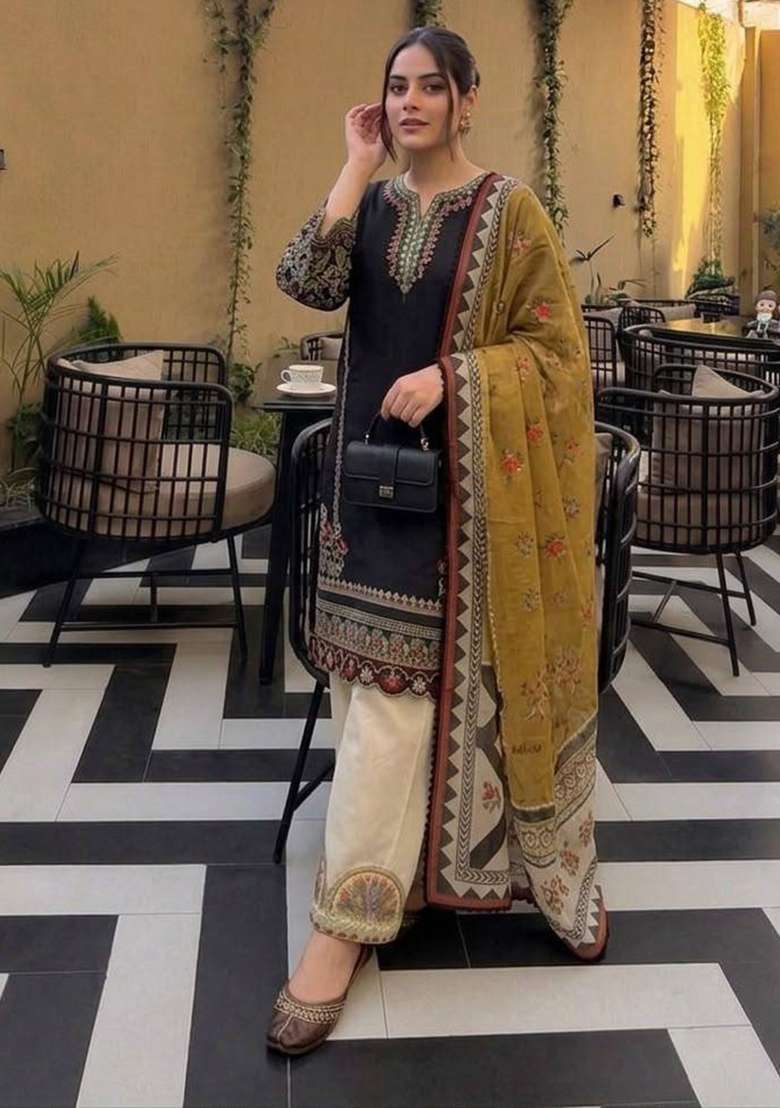 Black Embroidery Roman Palazzo Set - Indya