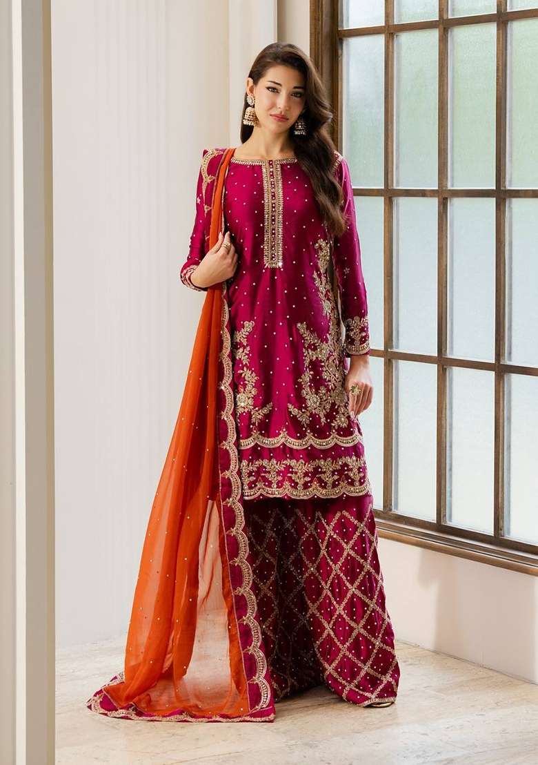Pink Embroidery Chinon Palazzo Set - Indya