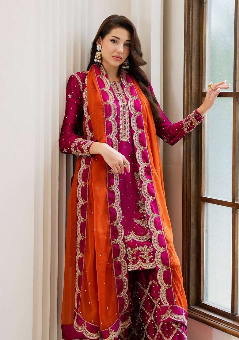 Pink Embroidery Chinon Palazzo Set - Indya