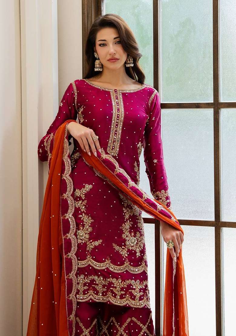Pink Embroidery Chinon Palazzo Set - Indya