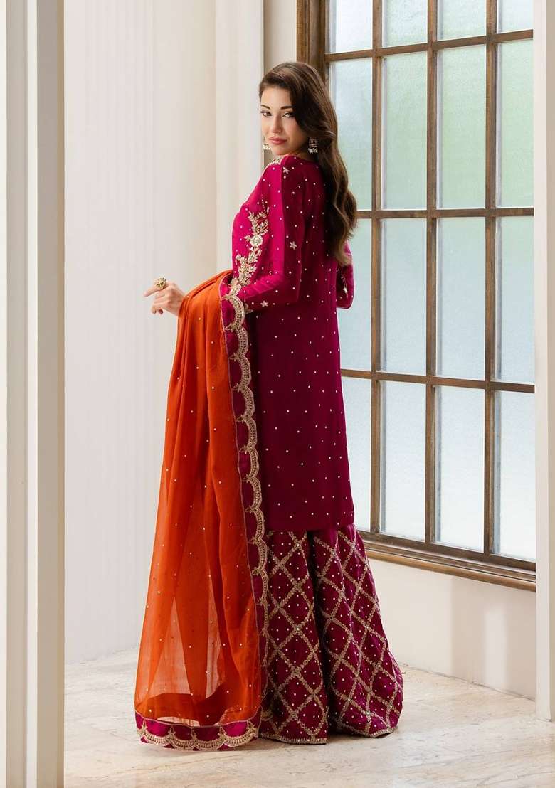 Pink Embroidery Chinon Palazzo Set - Indya