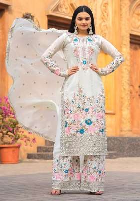 White Embroidery Chinon Palazzo Set