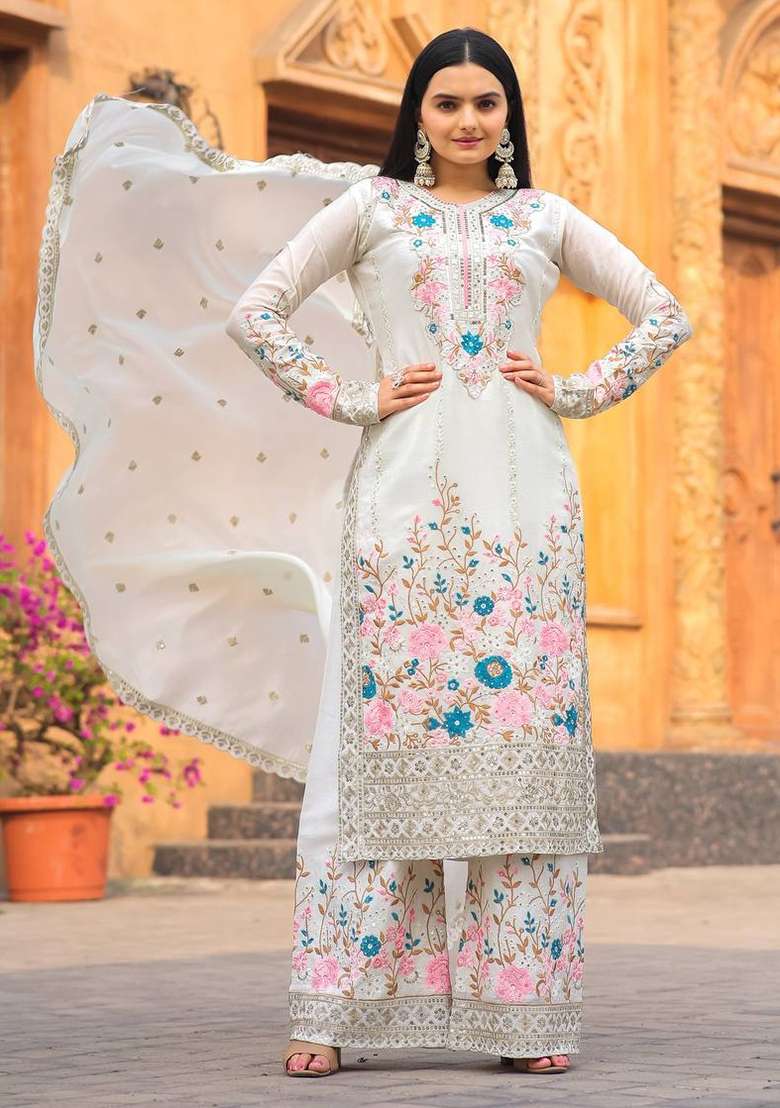 White Embroidery Chinon Palazzo Set - Indya