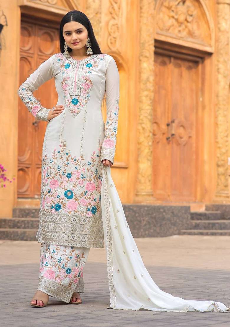 White Embroidery Chinon Palazzo Set - Indya
