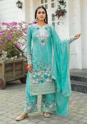 Sky Blue Embroidery Chinon Palazzo Set